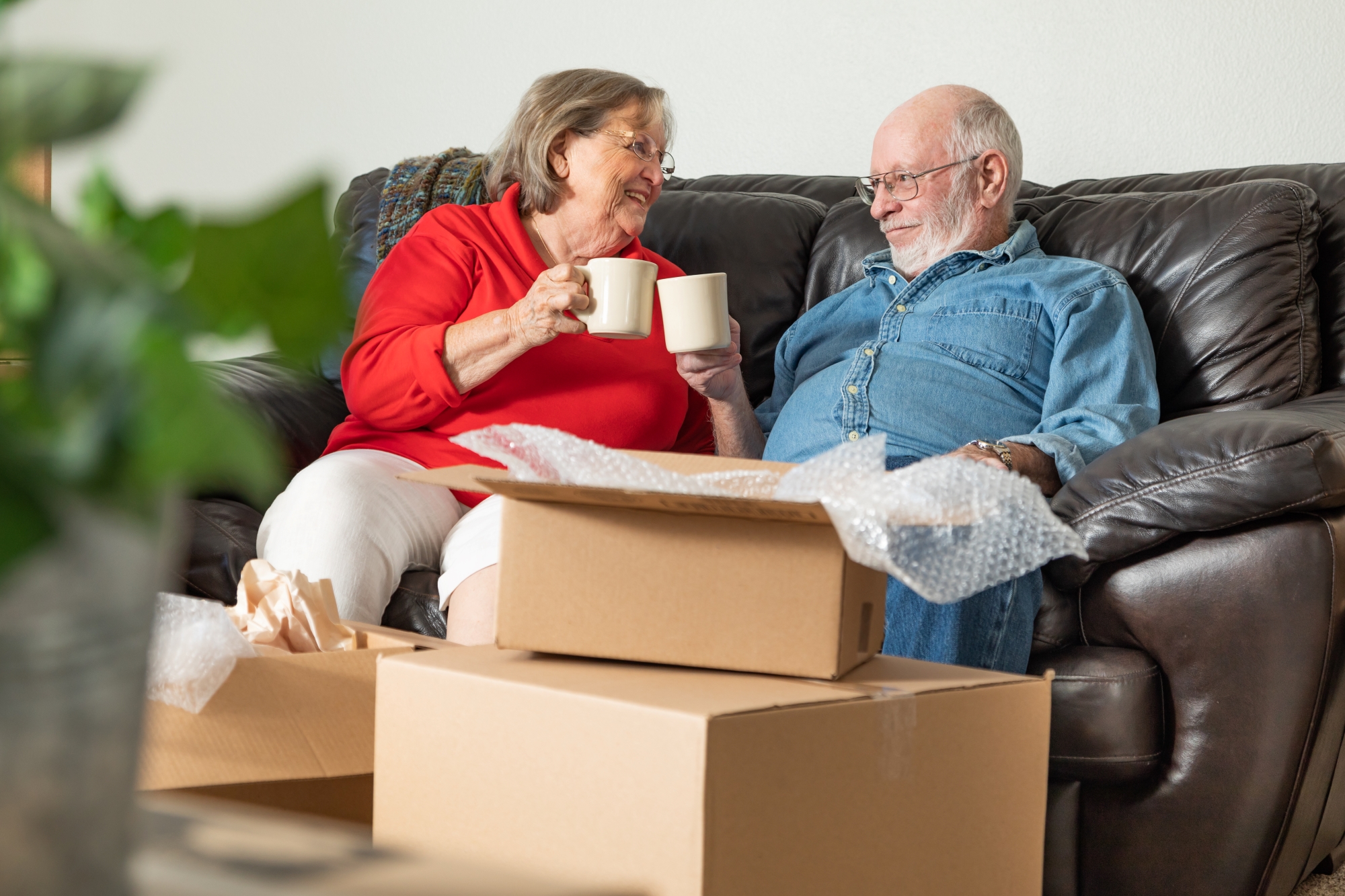 Elderly couple toasting mugs on sofa in front of boxes
